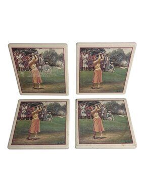 Golf Themed Coasters Ceramic Lady Absorbastone Set Of 4 Decorative Art 4x4" Vtg